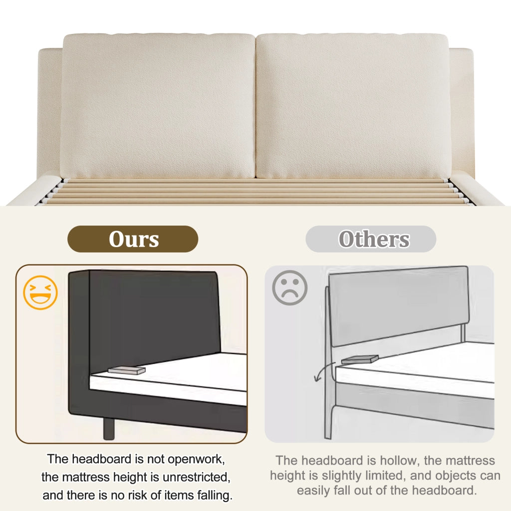 Letto matrimoniale 160 × 200 cm contenitore idraulico, testiera imbottita, senza materasso, bouclé beige