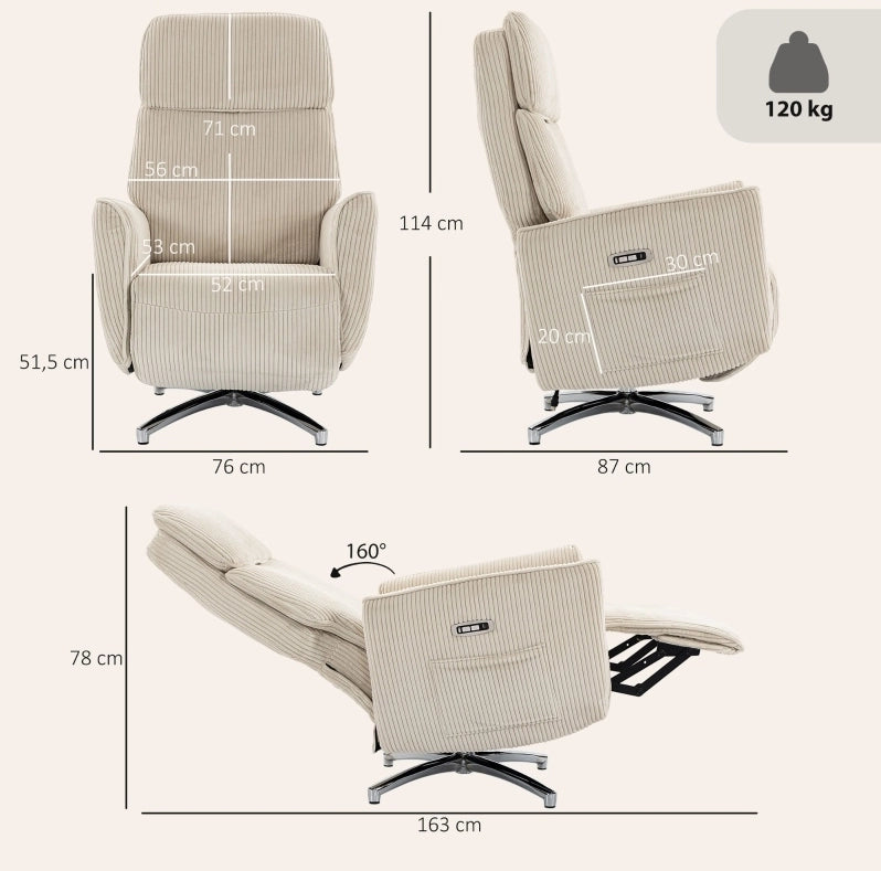 Poltrona Relax Elettrica Girevole 360° con USB, Crema