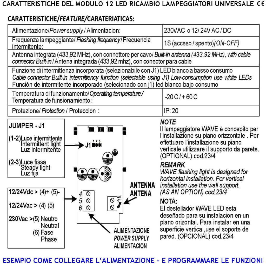 Faro Lampeggiante 12 Led 4 File da 3 Led a Croce Selezione Luce Fissa Oppure Intermittente 60 Cicli al Minuto Alimentazione 12 Vcc 24/230 Vac Uso Come Monitore su Automatismi o Ripetitore di allarme