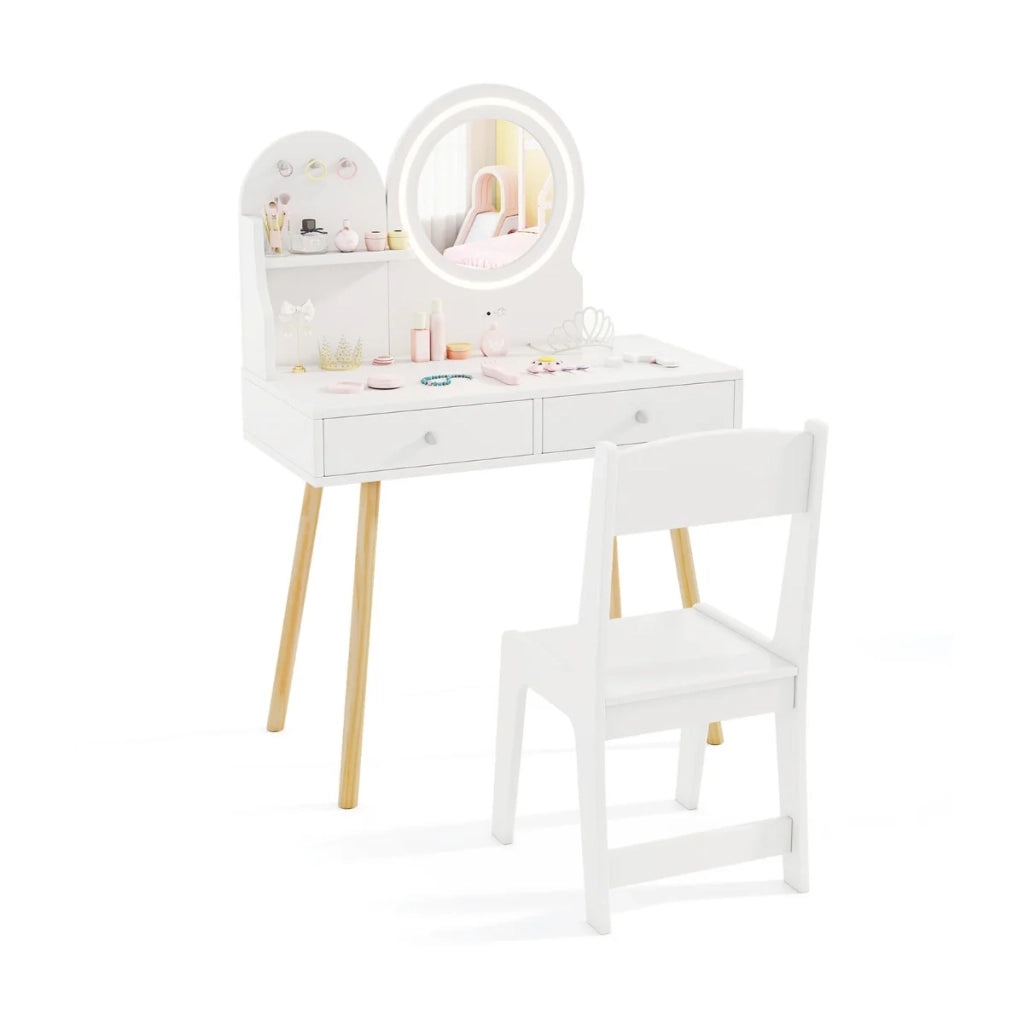 Set da toeletta Princess con specchio illuminato 70 x 34 x 101 cm ampio spazio di archiviazione finitura sicura in MDF bianco 20_0019179