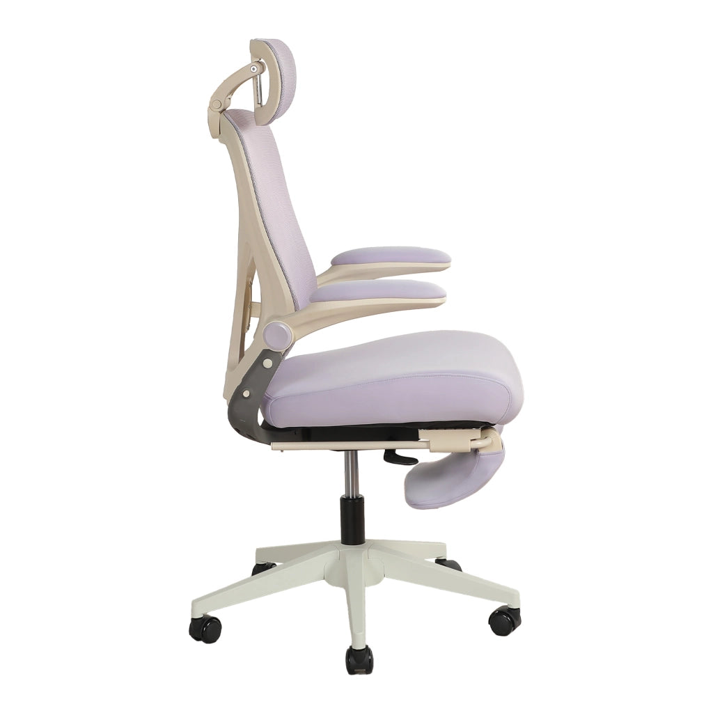 Sedia da ufficio ergonomica pieghevole con supporto lombare e poggiatesta regolabile in schiuma viola per lavoro