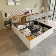 OKWISH Letto Contenitore 180×200 cm, Letto Matrimoniale con Contenitore, USB, Type C, Luci da Lettura e 2 Comodini, senza Materasso, Velluto, Beige