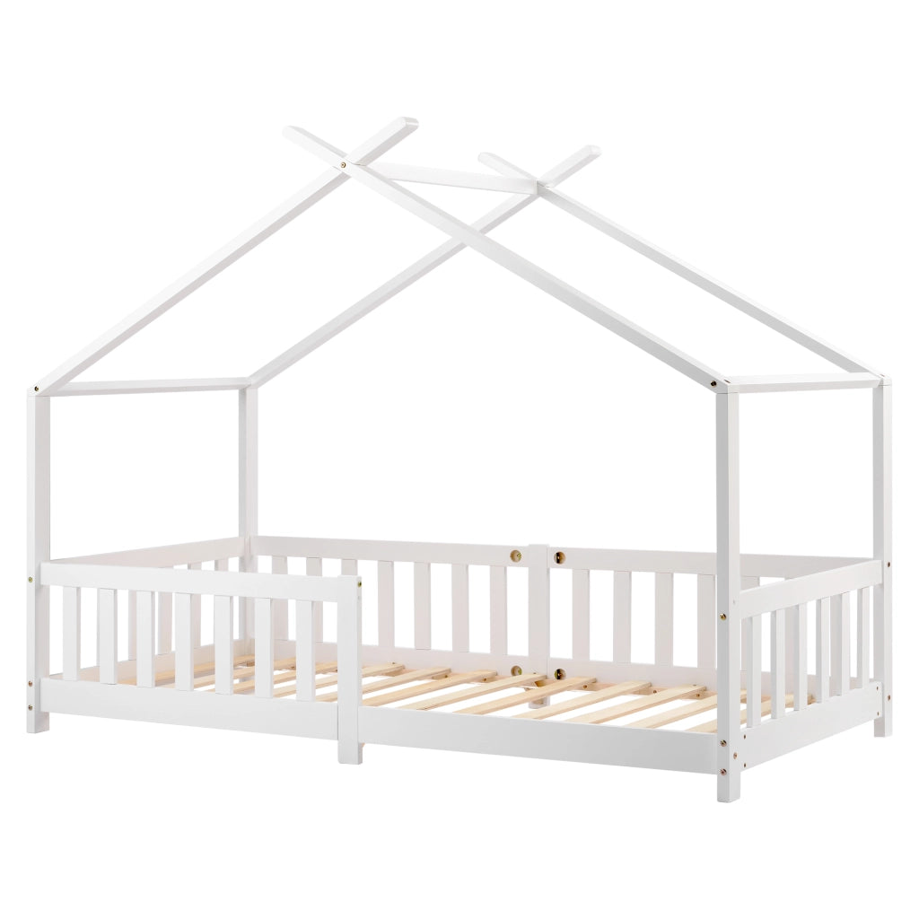 Letto Casetta per Bambini in Legno Massello con Doghe e Sponde ¨C MINIMAL ¨C Bianco 90x200