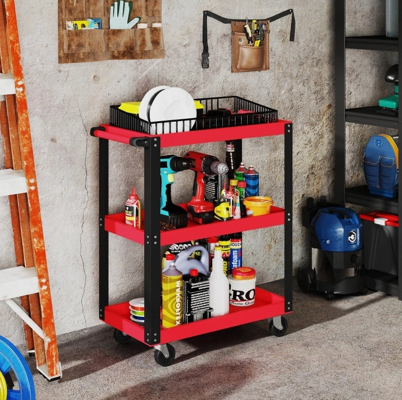 Carrello portautensili a 3 ripiani in metallo rosso