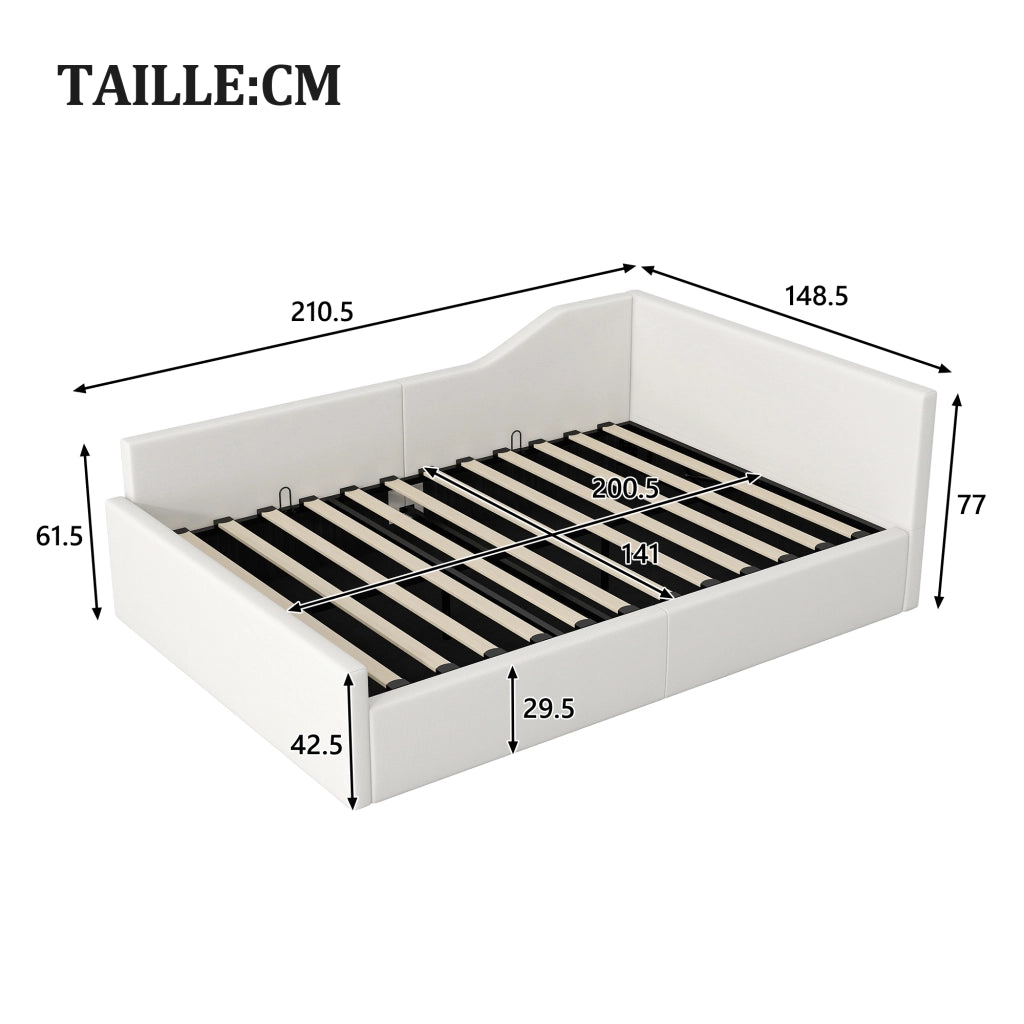 Letto a Divanetto 140x200 cm Contenitore; Schienale e Bracciolo in Lino; Beige
