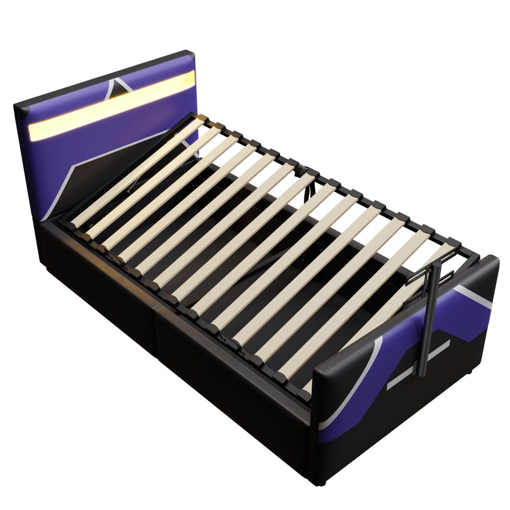 Letto per bambini gaming - Zephmum- 90x200 - PU pelle, LED colori, idraulico, supporto TV