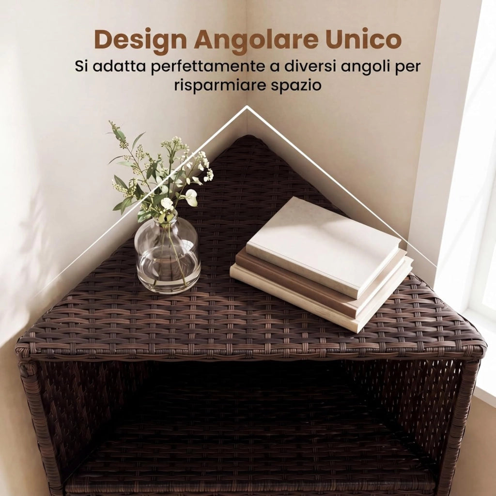 Armadietto da Esterno Angolare, Armadio da Esterno in Rattan PE con Ruote Bloccabili, 2 Ripiani Aperti e 2 Ante, Credenza da Cucina per Giardino, Piscina e Terrazza, 66 x 47 x 111 cm