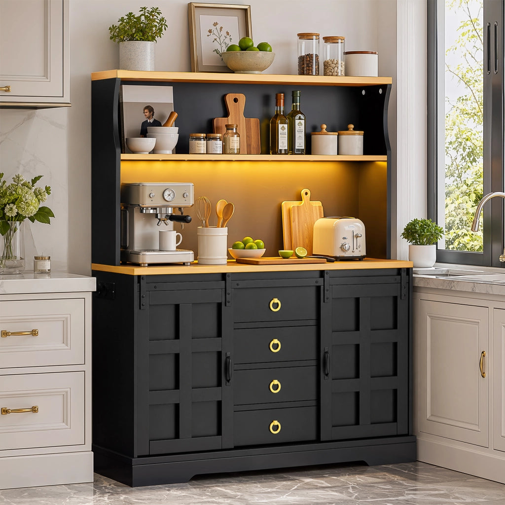 Credenza con 2 ante scorrevoli; LED e prese USB per cucina in MDF 120×40×150 cm nera