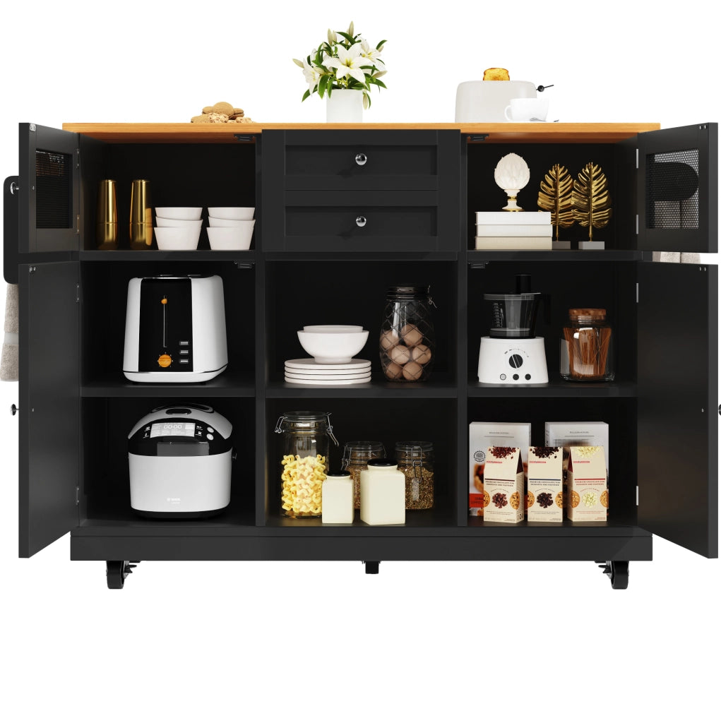 Isola da cucina mobile con piano pieghevole nero 140 cm