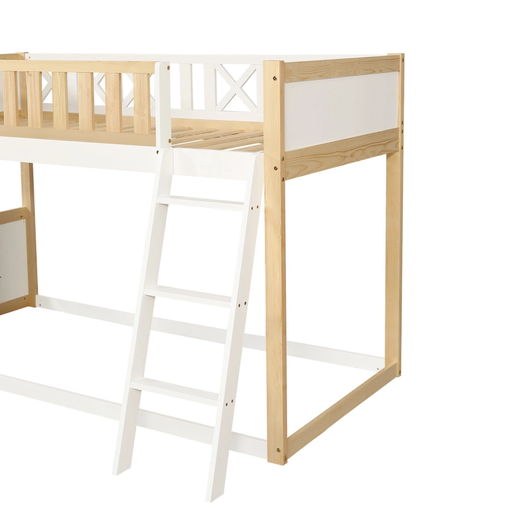Letto a soppalco per bambini 90x200 cm con lavagnetta e box portaoggetti; bianco e naturale