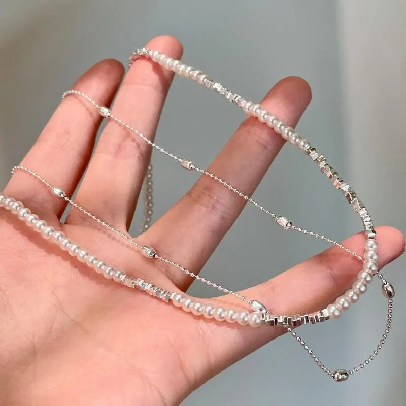 Collana a doppio strato di perle d'argento fatta a mano, regalo di Natale o di compleanno.