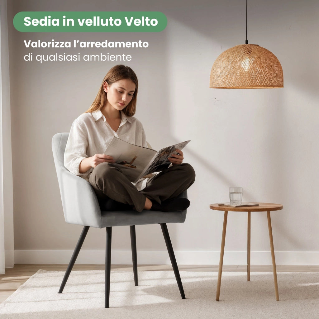 Set di 4 Sedie in velluto con cuciture a rombi VELTO Grigio gambe nere