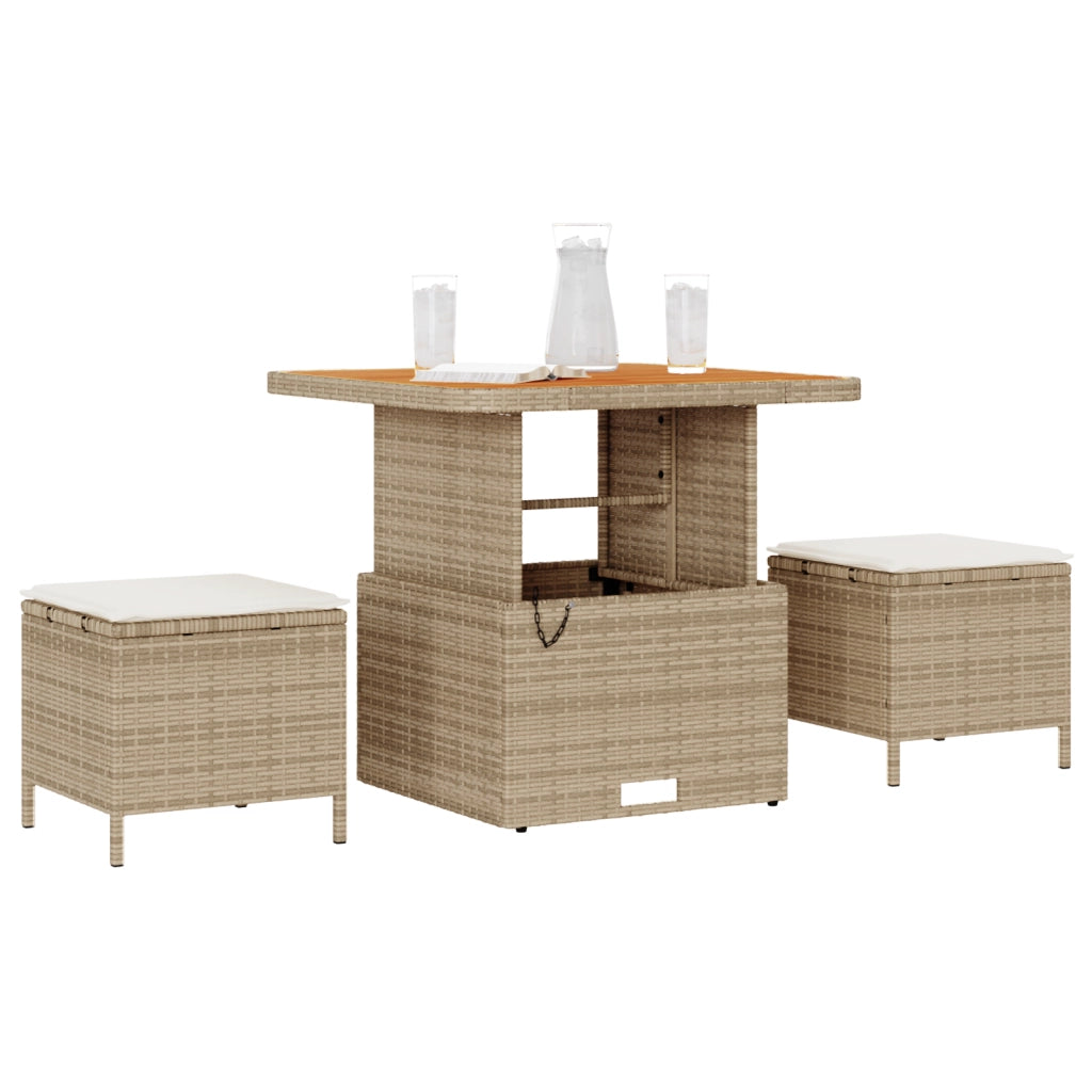 Set da Pranzo da Giardino 3 Pezzi con Cuscini Beige in Rattan e Acacia