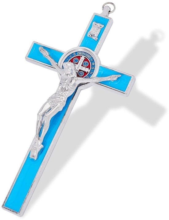 Croce Classica con Design Tradizionale - Emaillo - 19,5x9,8cm - Decorazione Cattolica - Immagine di Gesù Cristo in Croce - Croce da Parete con Sant' Benedetto