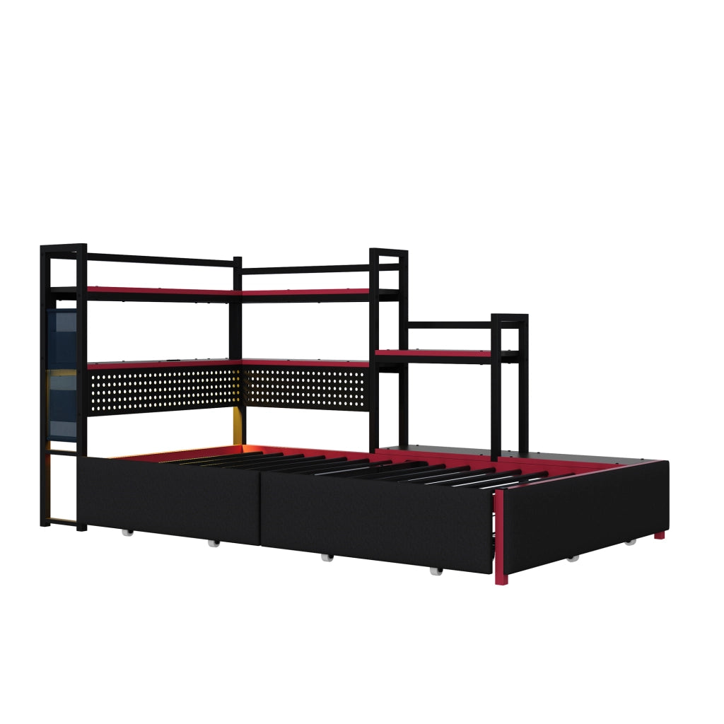 Letto con Cassetti e LED in Metallo ¨C MINIMAL ¨C Nero, con Rete, USB e Pannello Forato