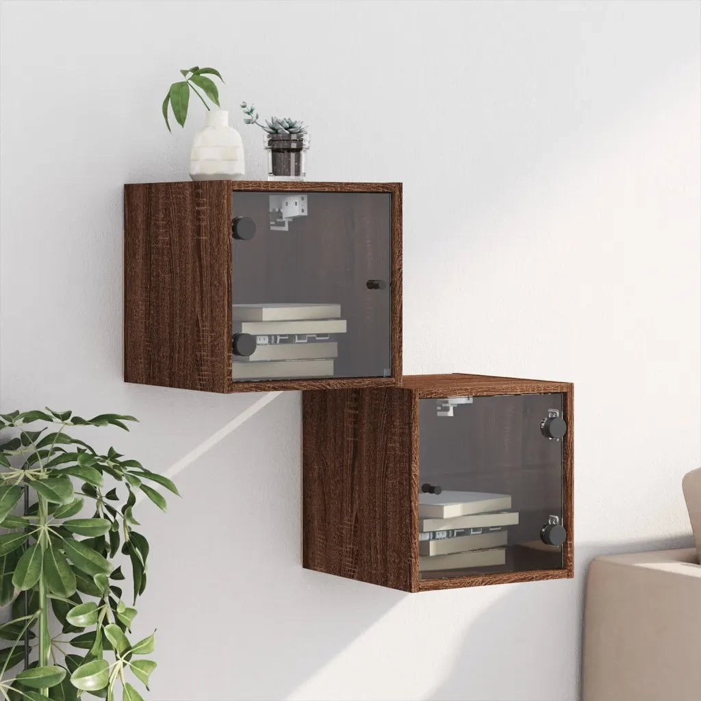 Comodini con Ante in Vetro 2pz-Set di 2 Tavolino da notte Rovere Marrone 35x37x35 cm