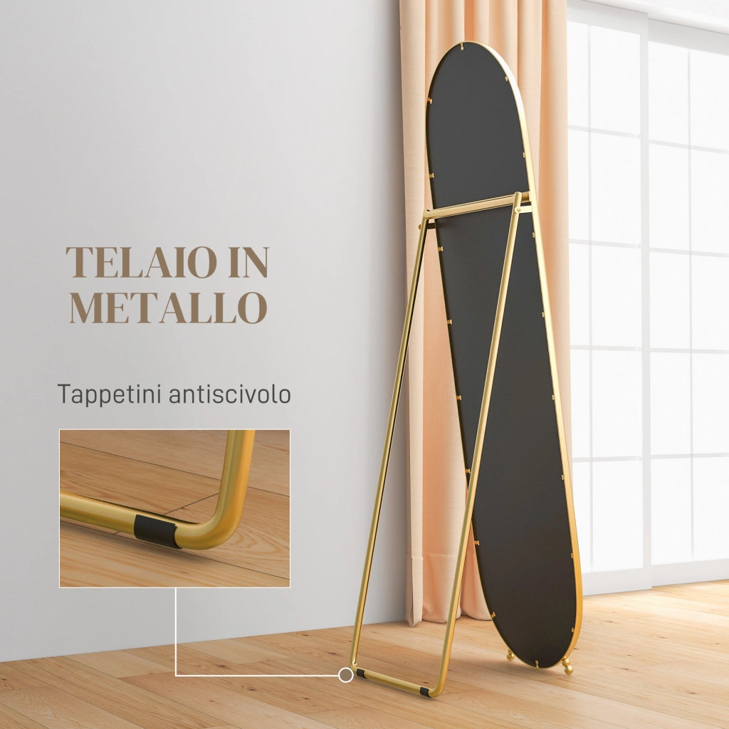 Specchio Verticale Ovale da Terra con Supporto, in Vetro e Metallo, 40x41x159 cm, Tonalit¨¤ Oro
