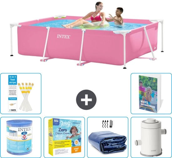 Piscina a forma rettangolare in alluminio - 220 x 150 x 60 cm - Rosso - Incluso filtro - Set di manutenzione - Ombrellone solare - Pompaggio filtro - 7 pezzi