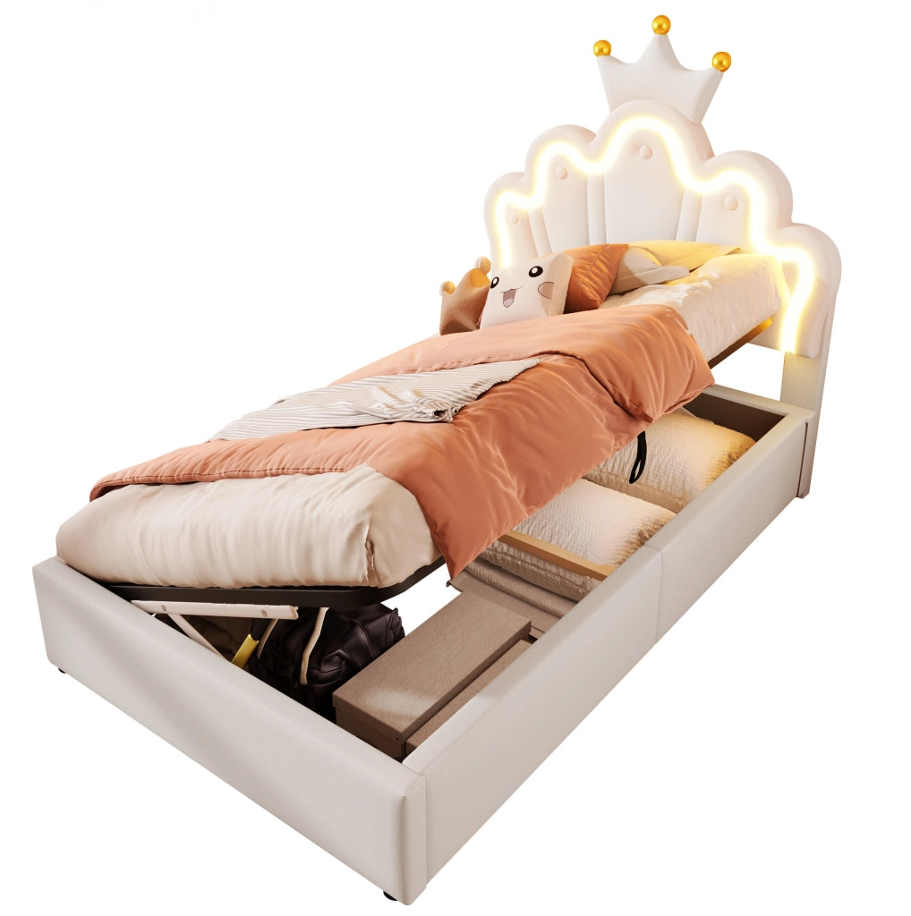 Letto imbottito 90x200 cm con contenitore; LED e testiera regolabile in PU