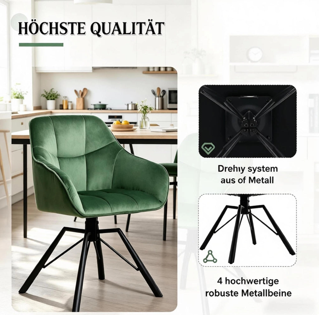 Set di 2 sedie da pranzo girevoli in velluto verde scuro