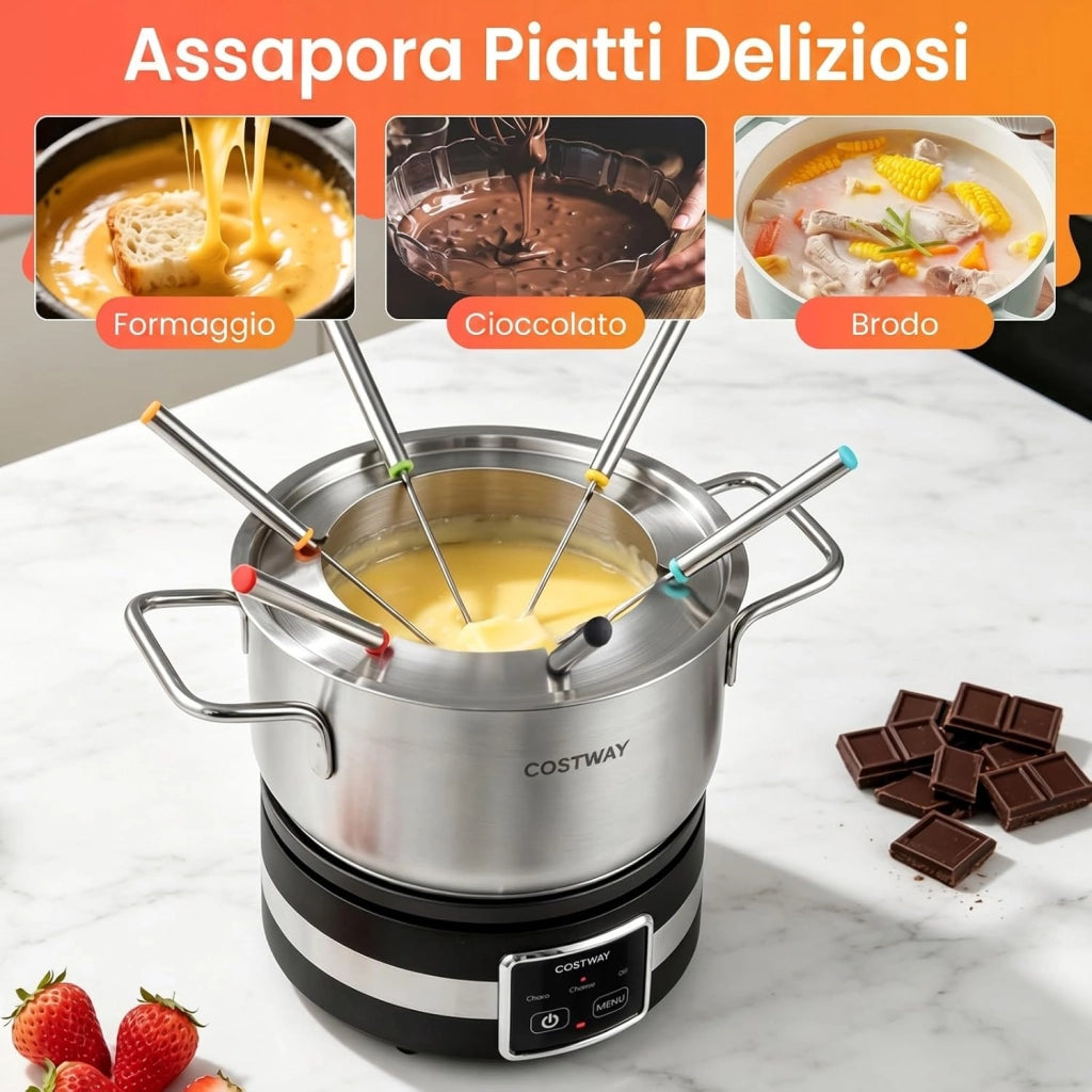 COSTWAY 1200W Set Fonduta Elettrica, in Acciaio Inox con Pentola da 2,3L, Base Riscaldante, 6 Forchette, per Formaggio Cioccolato, Temperatura Regolabile e Protezione dal Surriscaldamento