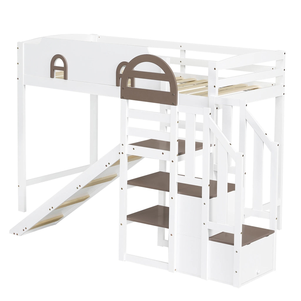 Letto a Castello 90x200 cm - Scivolo; Scala con Corrimano e 2 Armadietti - Bianco