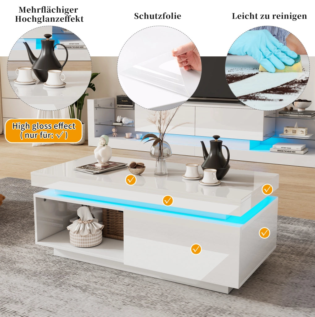 Set mobile TV lucido bianco con tavolino e illuminazione LED