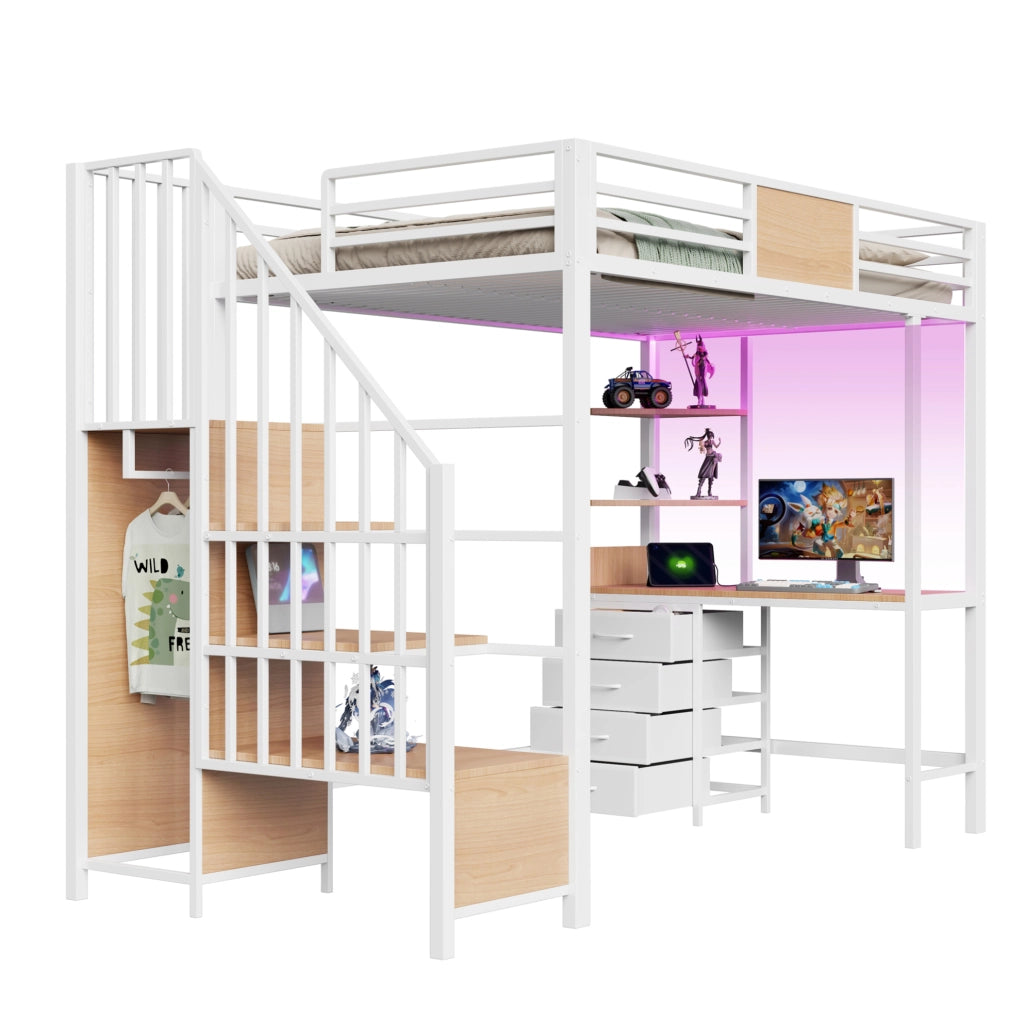 Letto a soppalco 90x200 con scrivania, ripiani, appendiabiti e LED