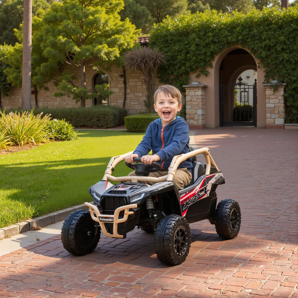Macchina Elettrica per Bambini 3-5 Anni 12V con Licenza Kawasaki Doppio Motore Telecomando e Musica Giallo