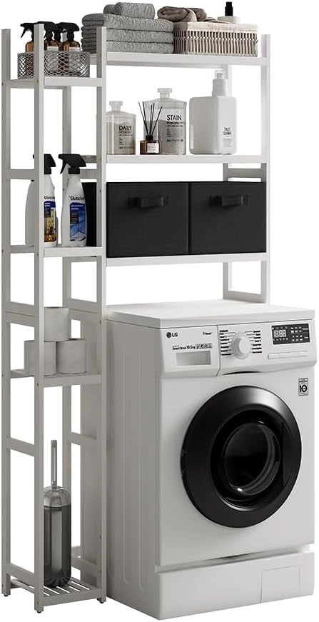 Mobiletto per lavatrice Bilbao, Bianco, 78.5 x 163 cm con 2 cassetti in pile, Ripiani aperti per detersivi, asciugamani e accessori