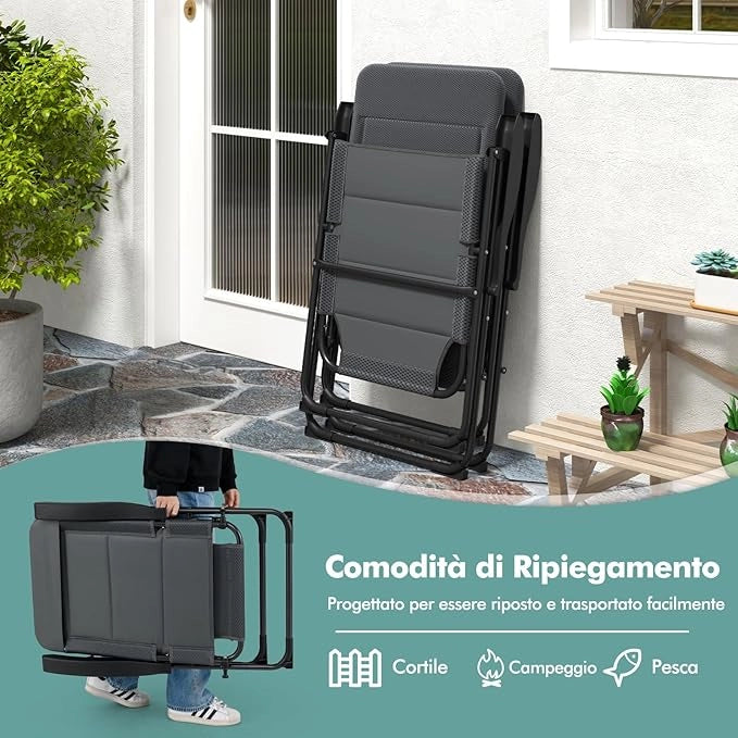 Set di 2 Sedie da Giardino, Poltrona Reclinabile da Giardino con Schienale Regolabili a 7 Posizioni, Sedia Pieghevole Imbottite per Giardino,Spiaggia, Portata 136 kg (Grigio)
