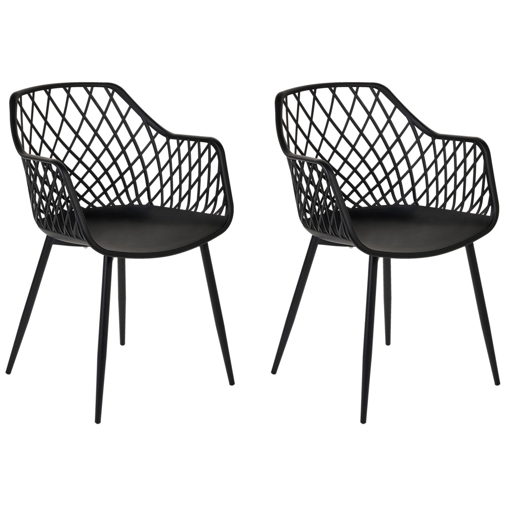 Set 2 sedie da pranzo plastica nera gambe in metallo con schienale aperto stile moderno soggiorno stile scandinavo