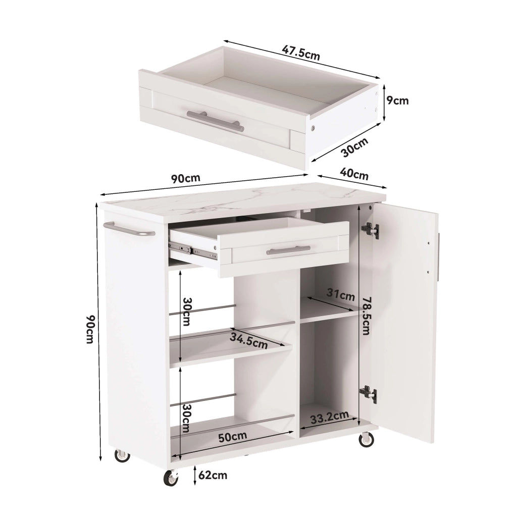Carrello da cucina bianco con piano effetto marmo, cassetto, armadietto e ripiani aperti, mobile con ruote bloccabili, 90x62x90 cm