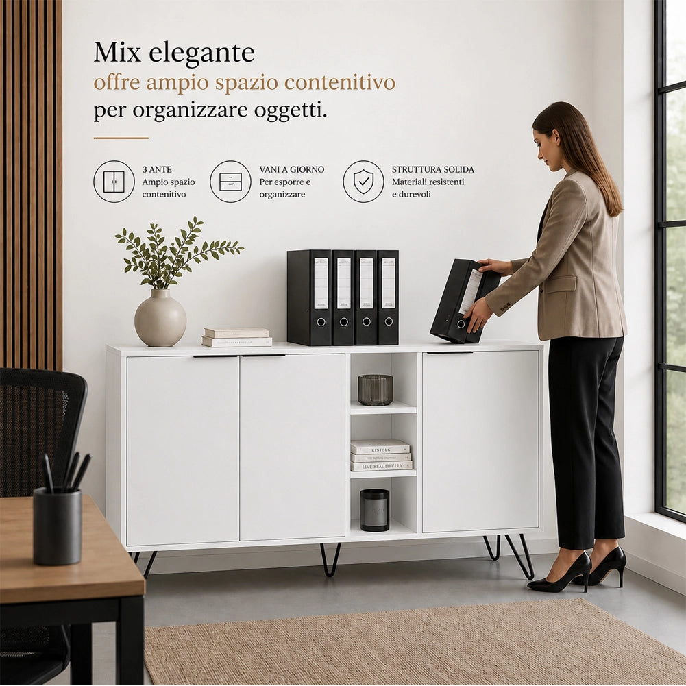 Madia Moderna Credenza con 3 Ante e Vani a Giorno 142x83 cm Zaffiro di Bianco
