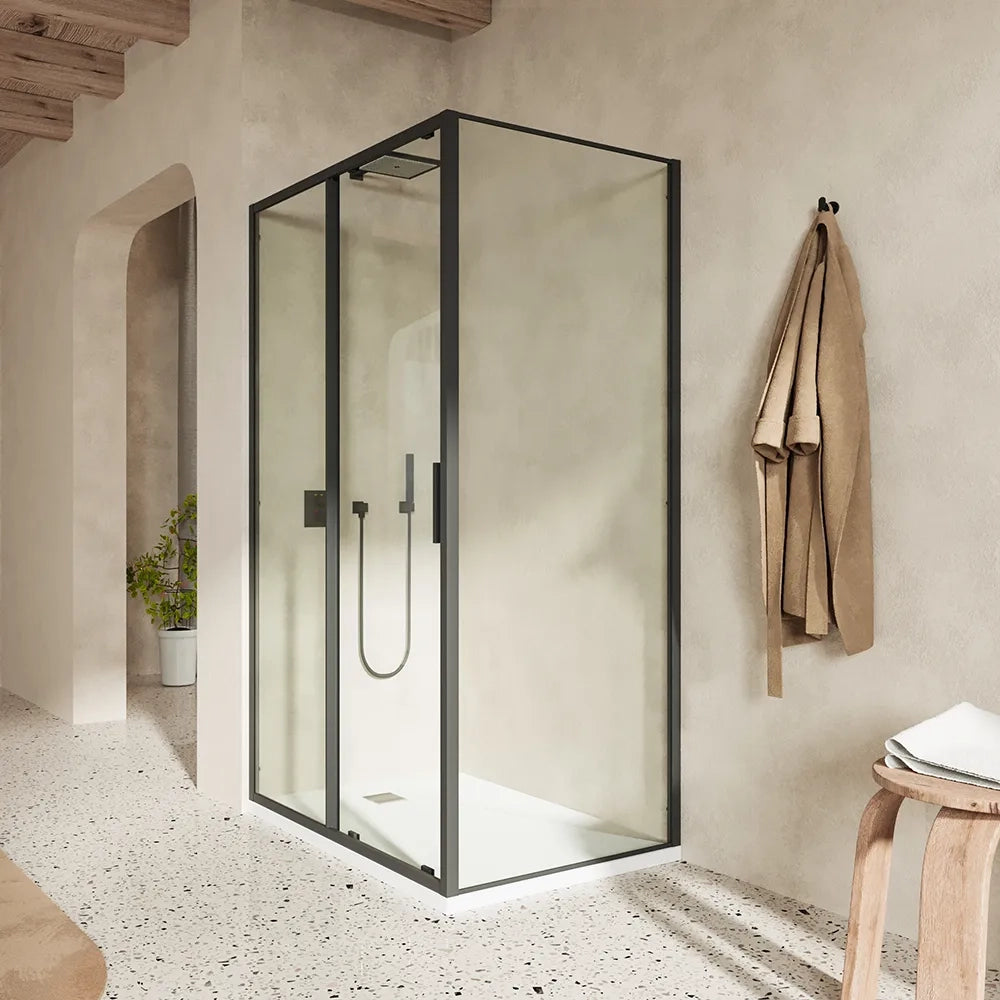 Box doccia slim 70x140cm con porta scorrevole e parete fissa profili nero opaco e vetro 6mm trasparente h190| Portofino