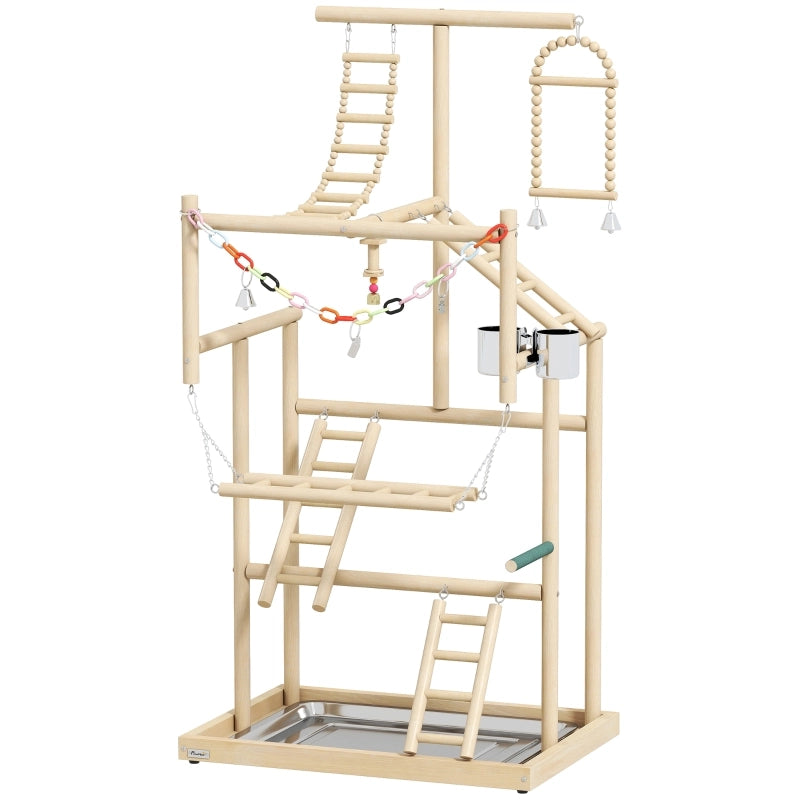 Parco giochi per uccelli in legno naturale a 4 livelli con vassoio in acciaio inox