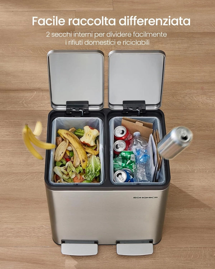SONGMICS Pattumiera Cucina 2 x 15 L, Cestino per Raccolta Differenziata 2 Scomparti, 15 Sacchetti, Secchi Rimovibili, Coperchio, Maniglie, Chiusura Morbida, Acciaio Inox, Argento LTB130EZ01