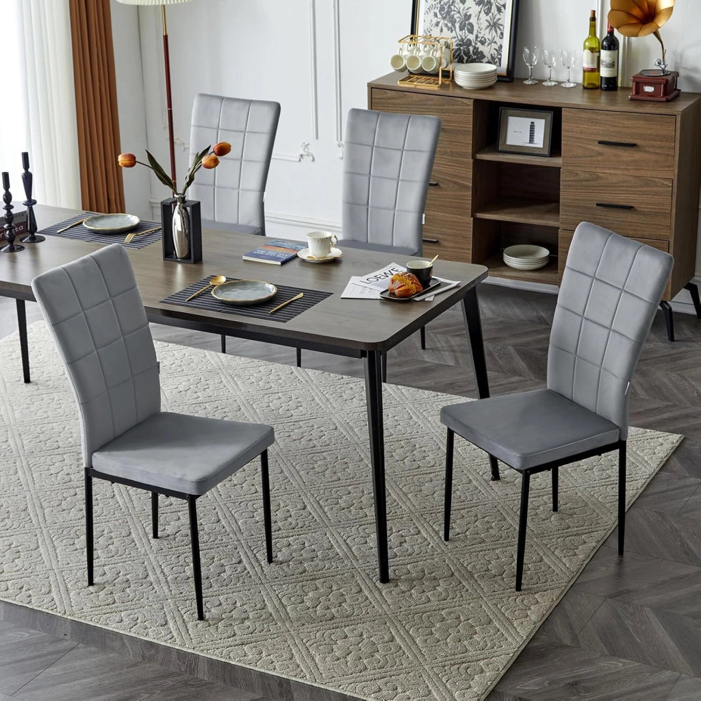 Set 4 Sedie da Pranzo con Schienale Alto, Sedia da Cucina con Motivi Quadrati, Sedia Imbottita per Soggiorno, Camera da Letto, Sedile in Velluto e Gambe in Metallo, Grigio Scuro, EZS22dgr-4