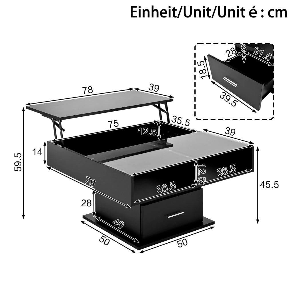 Tavolino da salotto sollevabile quadrato 78x78 cm; nero; in truciolare con LED e spazio contenitivo