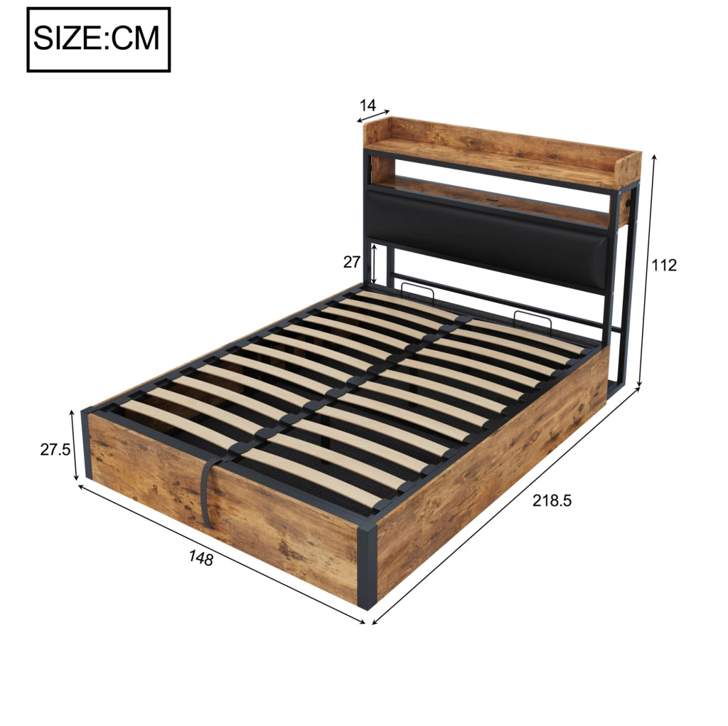 Letto matrimoniale 140x200 cm con contenitore; testiera imbottita con USB; nero