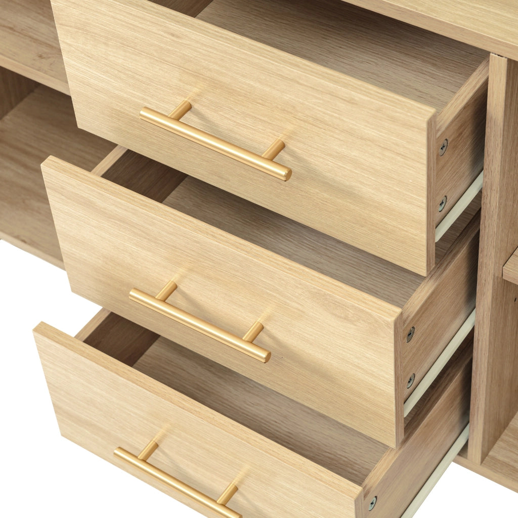 Credenza con 2 Ante in Effetto Rattan e 3 Cassetti; Ripiano Regolabile; 120??40??74 cm; Rovere Sonoma