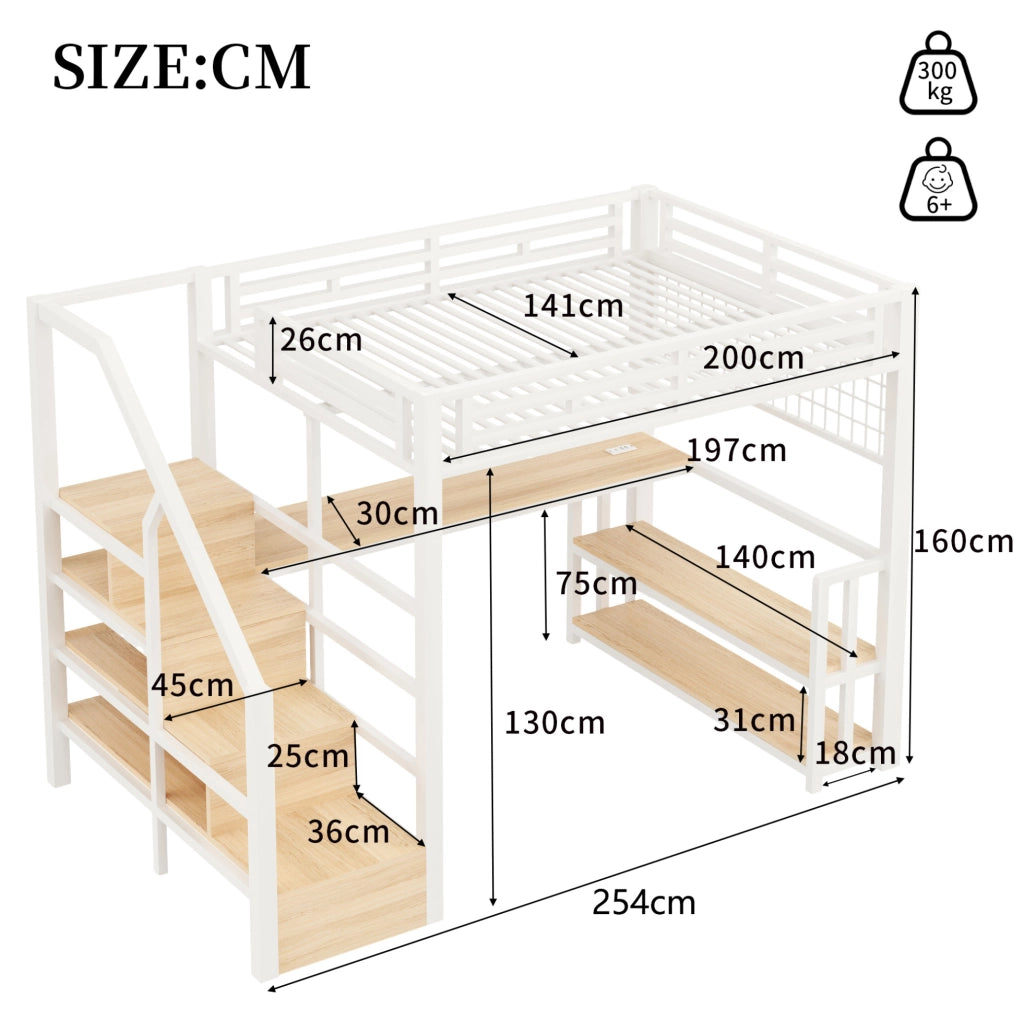 Letto a soppalco 140x200 cm con scrivania, ripiani, LED e prese USB