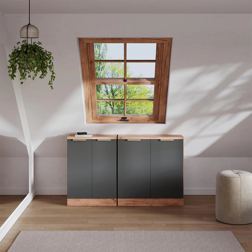 Set di mobili sottotetto Rion, Antracite-oro, 140 cm Set di 2 carcasse armadio profondità 60 cm, adatto per il salvaspazio sotto tetti spioventi