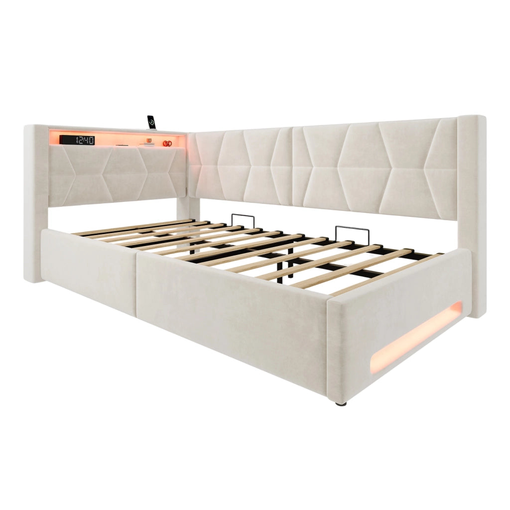 LETTO imbottito contenitore 90x200 cm in velluto beige con LED, USB e Type-C