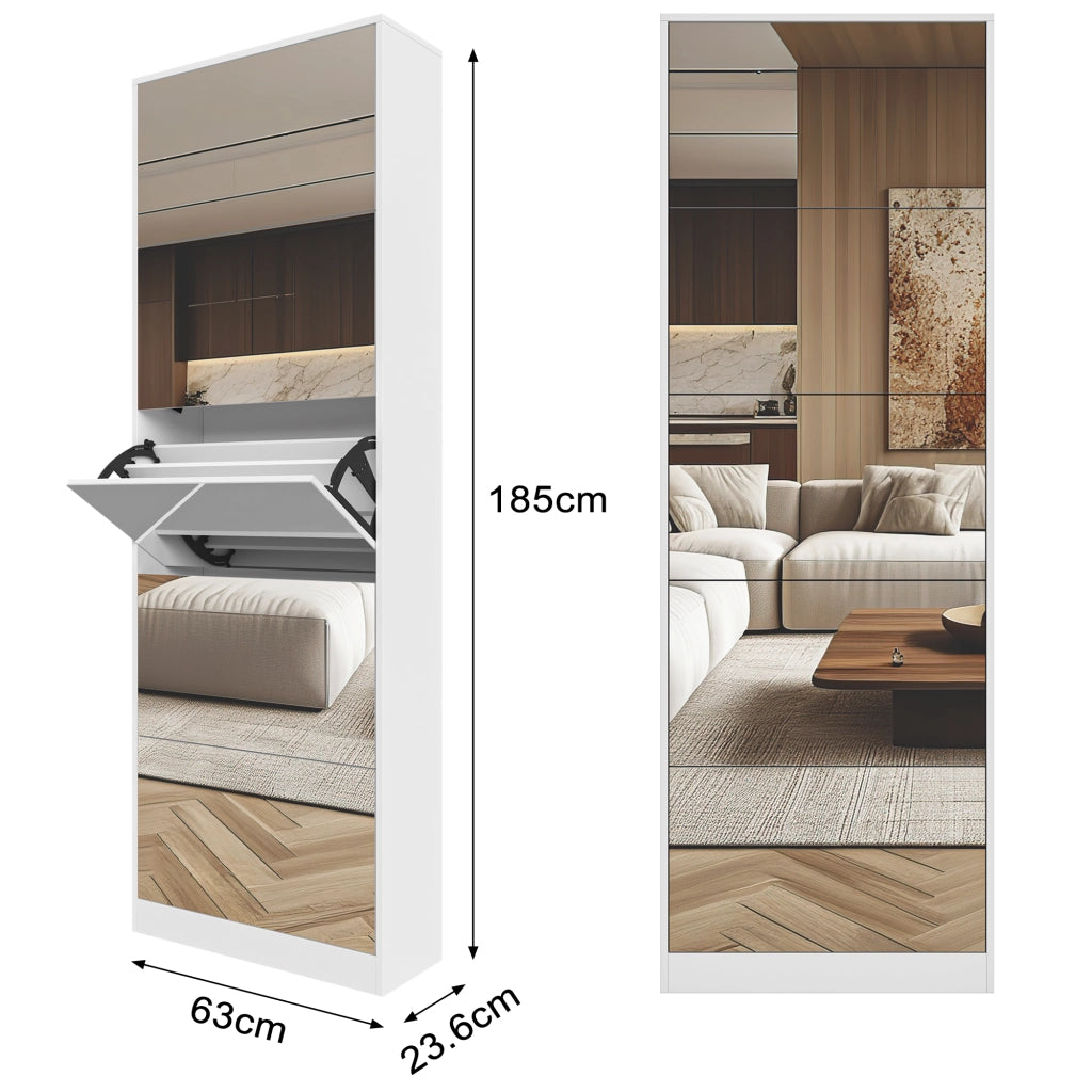 Scarpiera a specchio con 5 ribalte a doppio livello in MDF bianco salvaspazio per ingresso con retro 185 cm