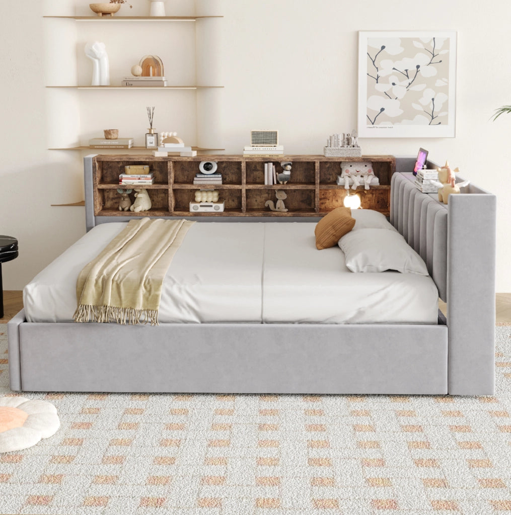 Letto imbottito ULEVR 140x200 cm con contenitore idraulico, luce notturna, USB e Type-C, velluto grigio chiaro
