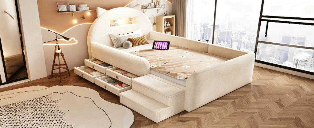 Letto per bambini 90 × 200 cm con testiera a orecchie, 4 cassetti, luce notturna et USB, senza materasso, beige