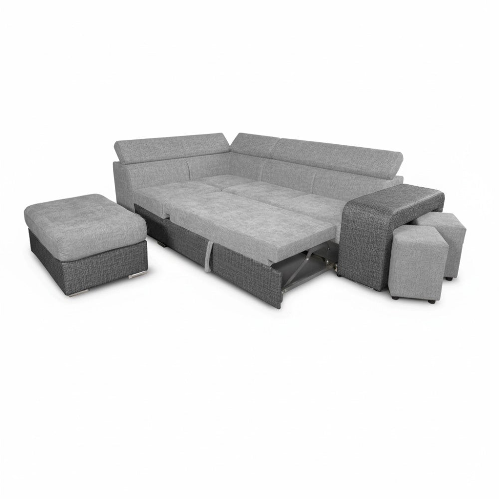 Divano Letto Angolare Sophie con Penisola Sinistra, 2 Pouf Estraibili e Pouf Contenitore – grigio e Grigio Chiaro