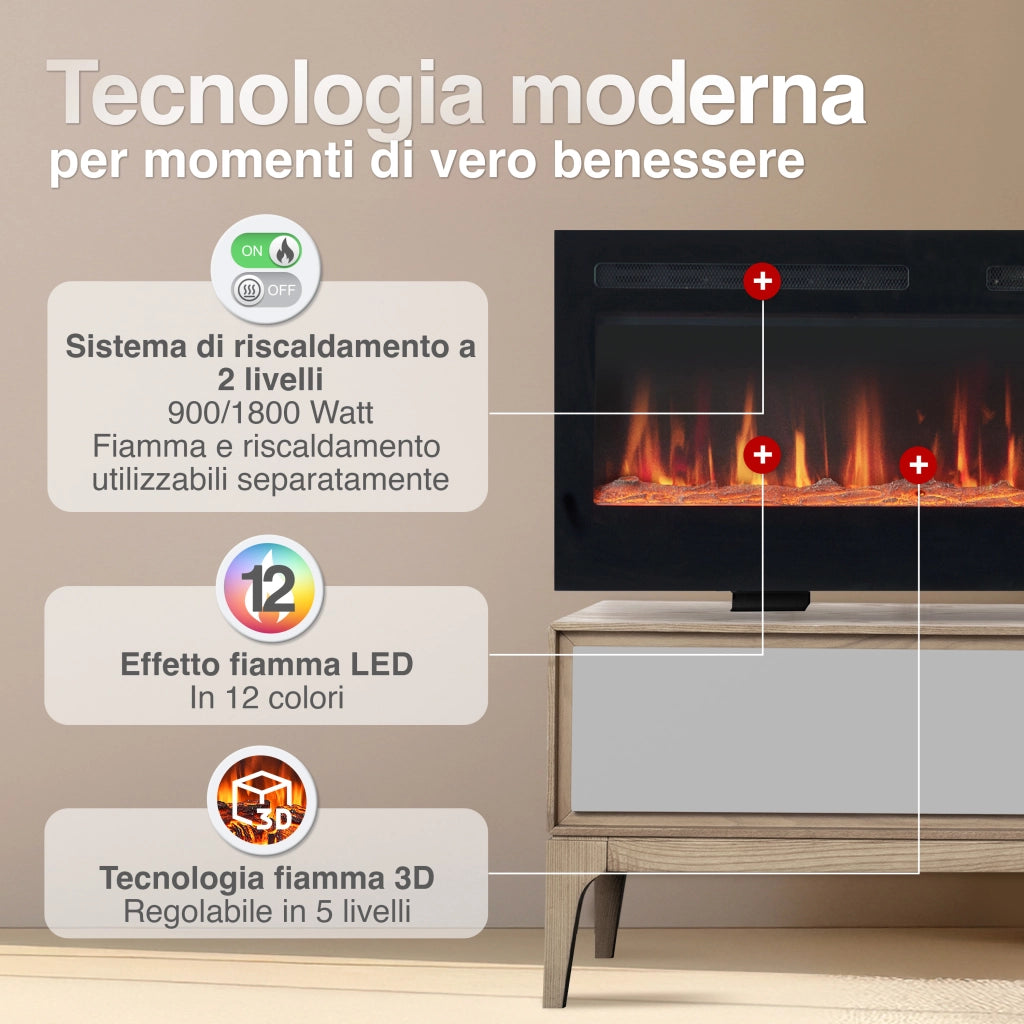 KAMINIO Camino elettrico MARLON - Camino elettrico 3 in 1 con riscaldatore, effetto fiamma 3D, 12 colori di fiamma, telecomando - 60 pollici