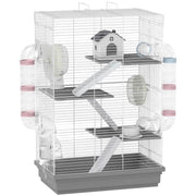 GABBIA PER CRICETI A 4 LIVELLI E 16 TUBI CON CASETTA, RAMPA, E ACCESSORI, IN METALLO E PLASTICA, 47X30X70 CM, GRIGIO